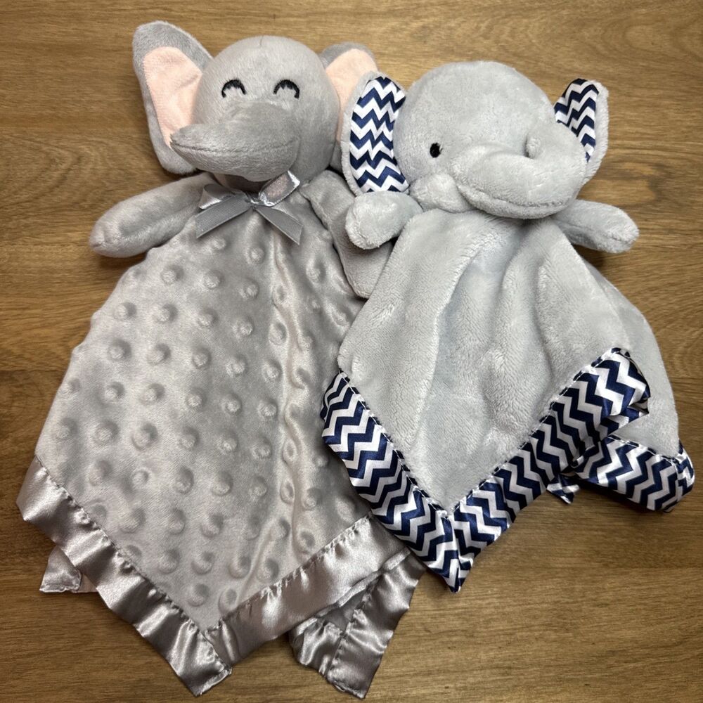 Lot 2 Pro Goleem Elephant Security Blanket Baby Lovey Gray Plush Satin Textured